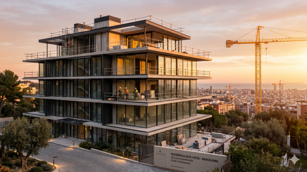 Edificio de obra nueva en construcción con una vista de Barcelona