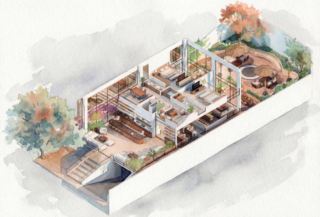 Arte con el concepto de amenidades y equipamientos de proyecto residencial y turístico